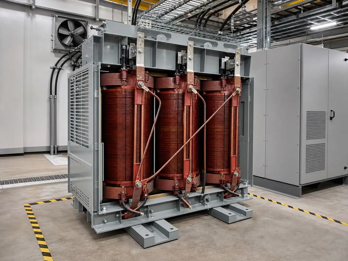 Indoor dry type transformer in an electrical room