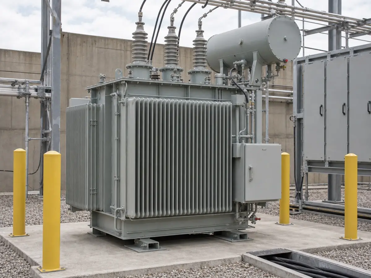 Oil immersed transformer in an industrial electrical yard