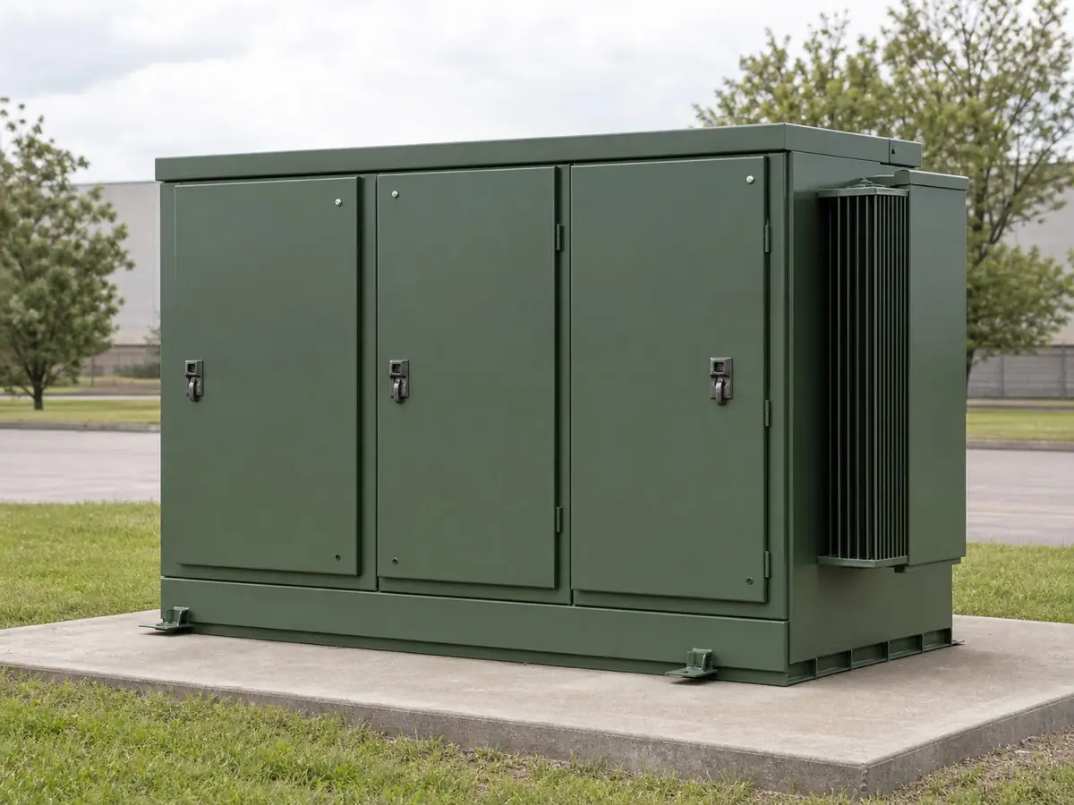 Green pad mounted transformer cabinet on a concrete pad
