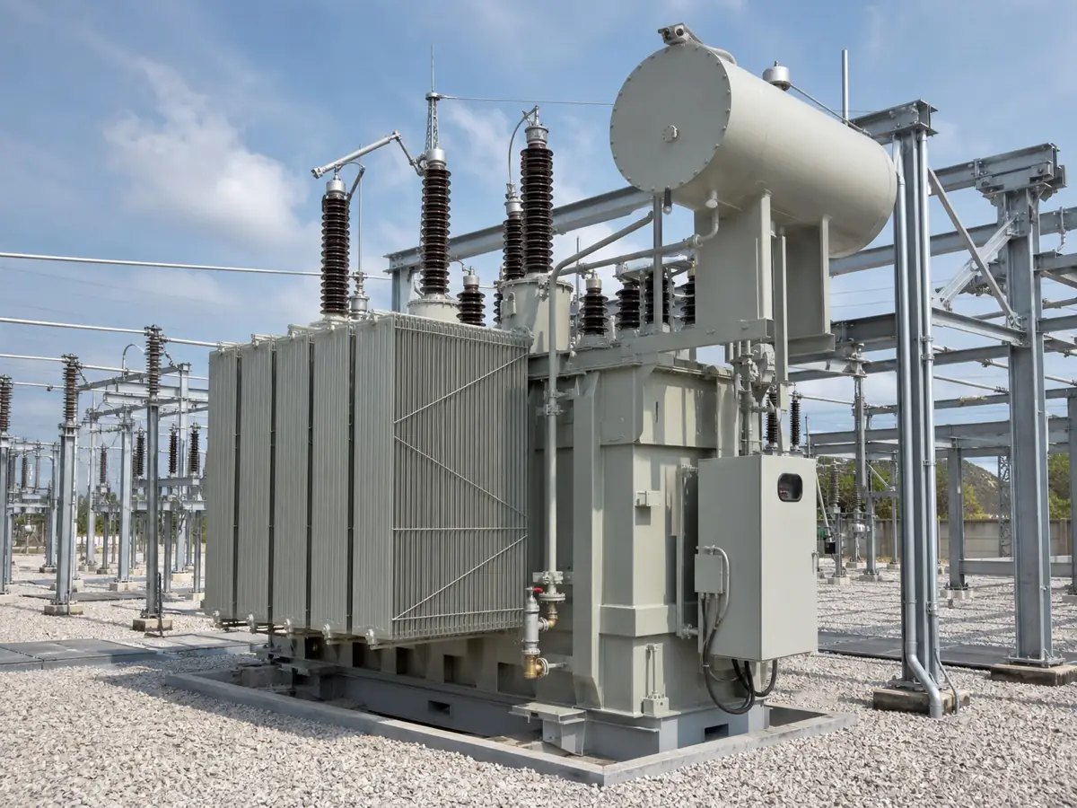 Large oil immersed power transformer in an outdoor substation