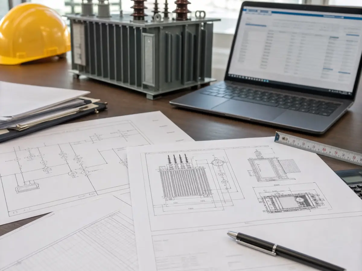 Transformer drawings and quotation review materials on an engineering desk